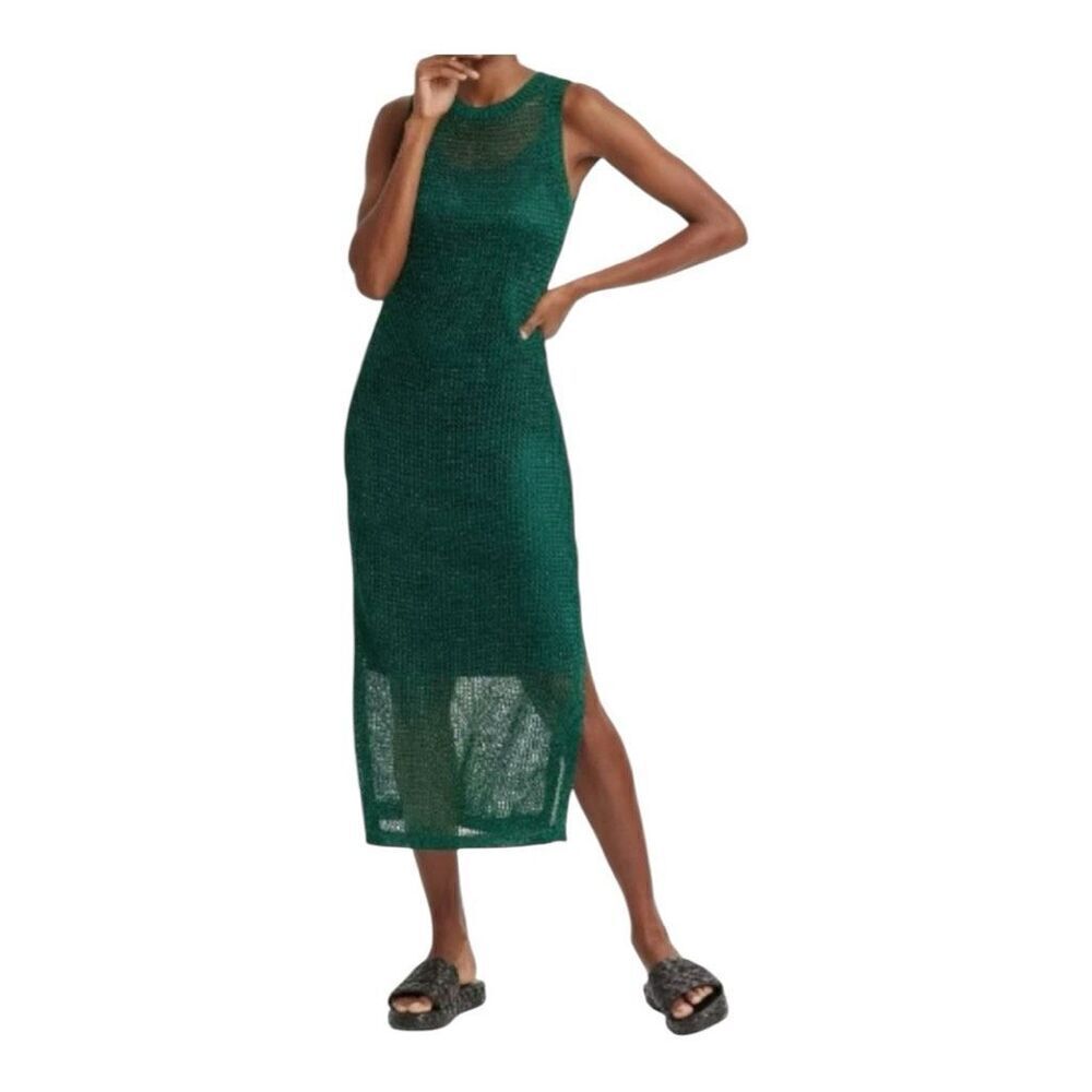 A New Day Women Open Work Sweater Tank Sleeveless Sheer Knit Midi Dress Green XS